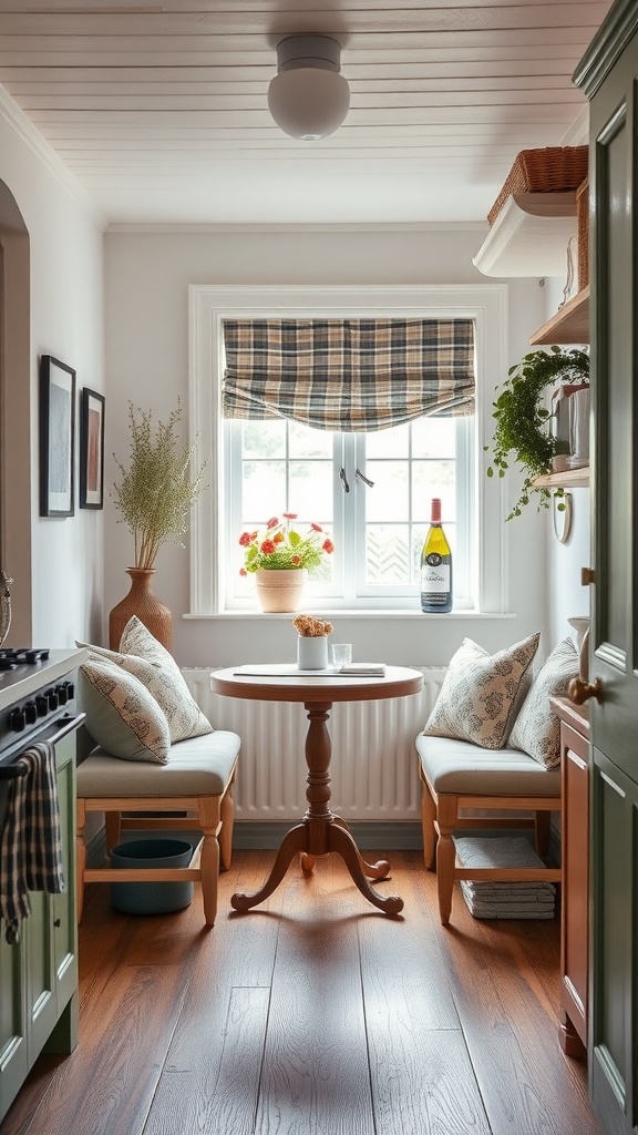 Cozy breakfast nook in a tiny cottage kitchen featuring a round table and comfortable benches.