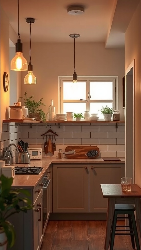 Cozy kitchen with warm lighting and plants