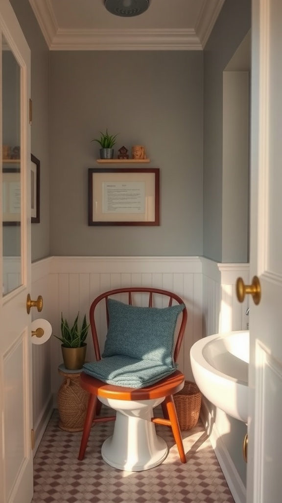 A cozy nook in a small bathroom featuring a red chair, potted plants, and decorative shelves.