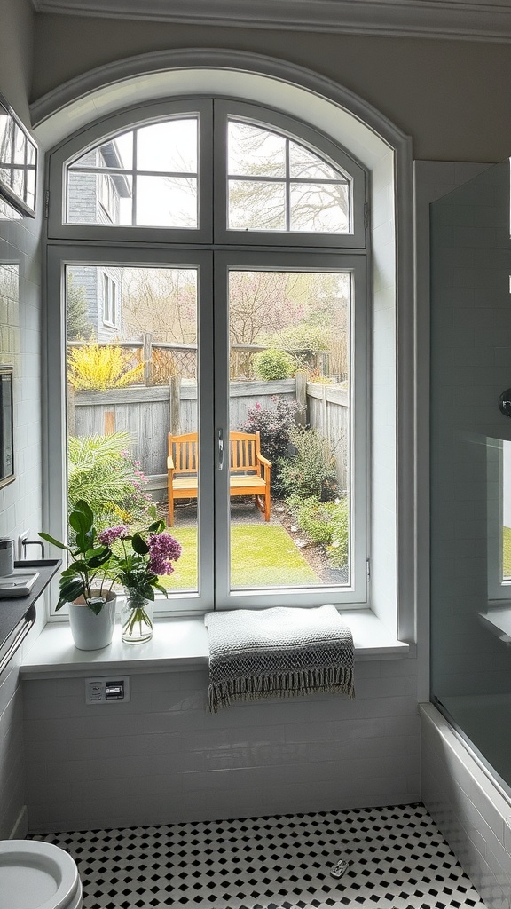 A cozy bathroom with a window seat, featuring a view of a garden outside.