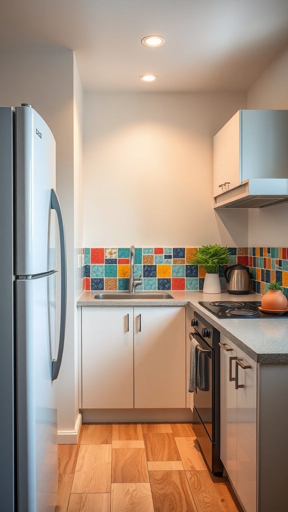 A small kitchen featuring a colorful tile backsplash with a modern design.