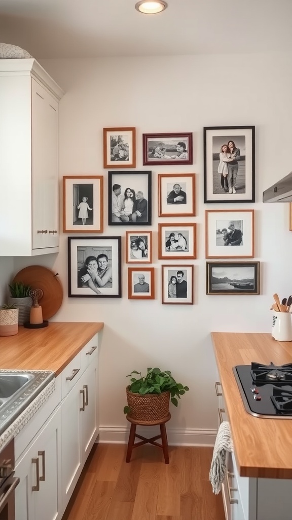 A gallery wall in a small kitchen featuring framed photographs, wooden frames, and a plant.