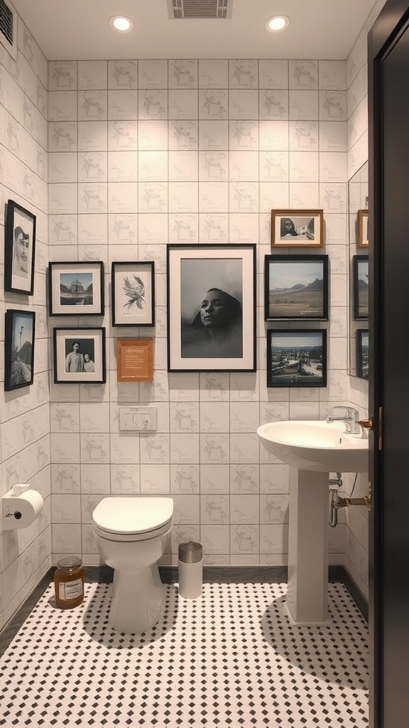 A stylish bathroom with a gallery wall of framed black and white art