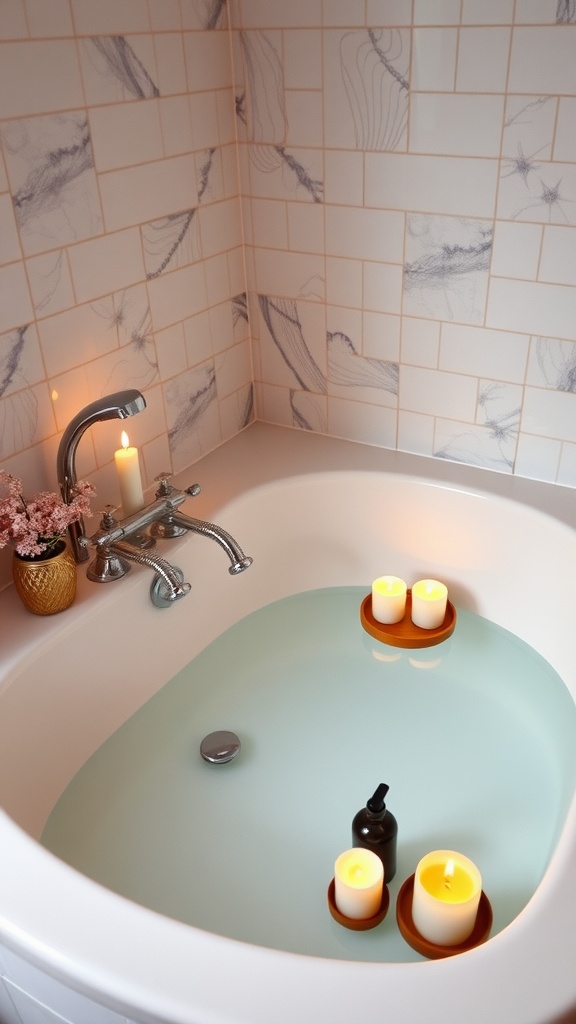 A relaxing bathtub filled with water, adorned with candles and flowers, creating a serene atmosphere.