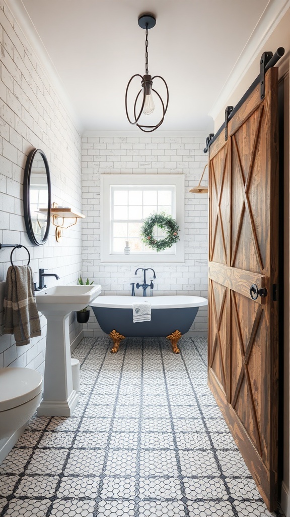 A rustic bathroom featuring a barn door, white subway tiles, and a freestanding bathtub.