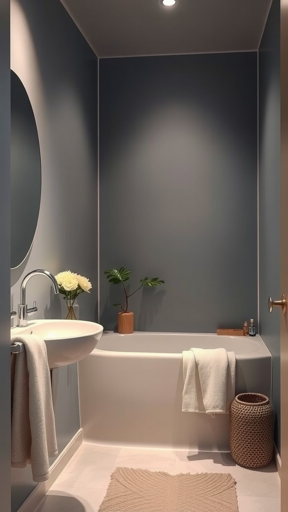 A small bathroom with gray walls, a modern sink, a bathtub, plants, and soft textiles.