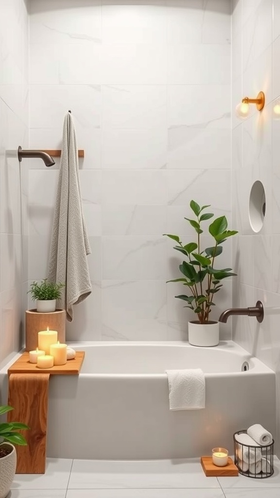 A serene bathroom with a bathtub, candles, plants, and warm lighting.