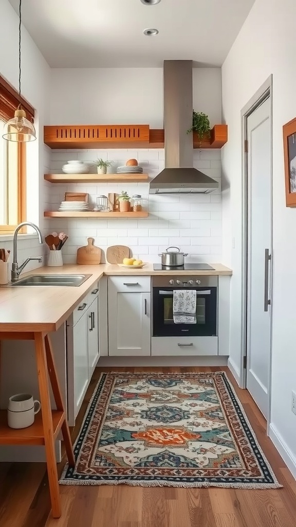 A small kitchen with a patterned rug in front of the stove, showcasing wooden shelves and a modern design.