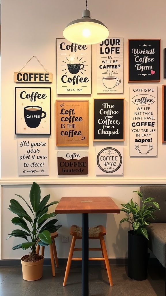 A cozy coffee corner featuring a collection of coffee-themed wall art and plants.