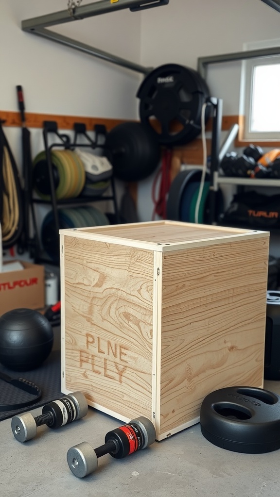 DIY wooden plyo box in a garage gym setting with weights and exercise equipment.