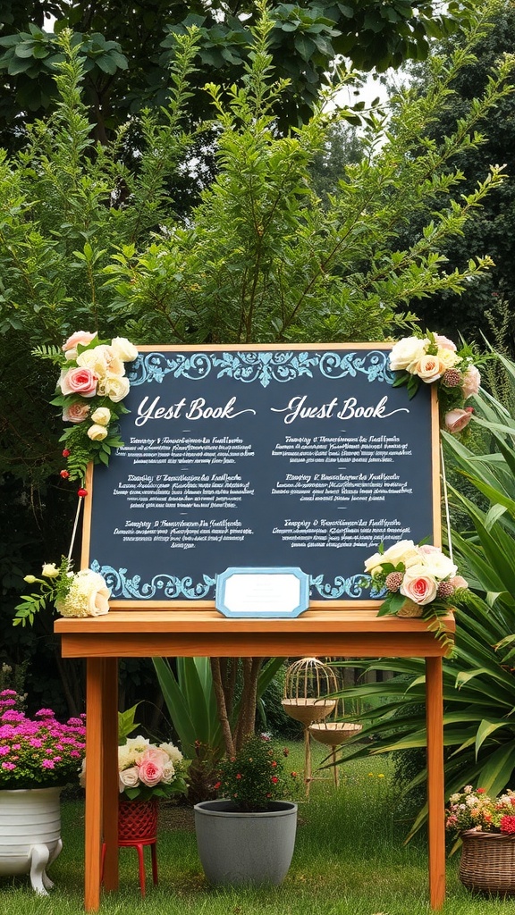 A beautifully decorated guest book display with flowers in a garden setting.