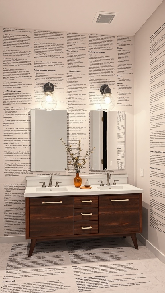 A modern farmhouse bathroom with a wooden vanity, large mirrors, and industrial-style lighting fixtures above the sinks.