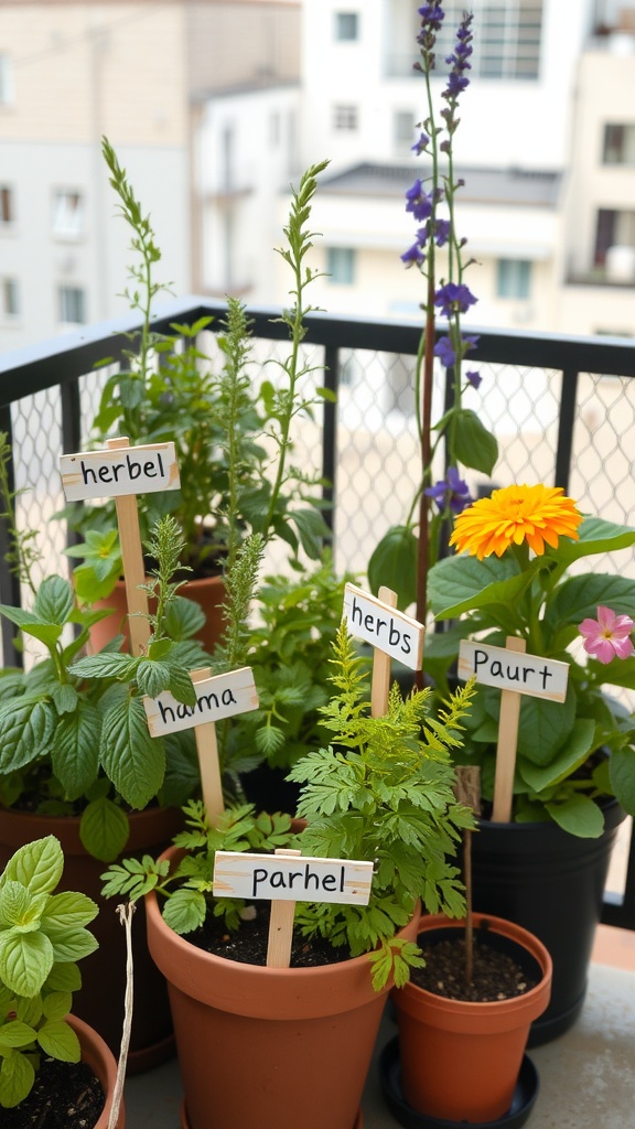 An array of potted plants on a balcony with handmade labels indicating their names.