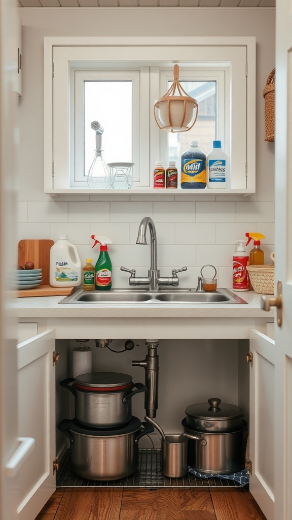 Under sink storage solution with pots, pans, and cleaning supplies organized neatly.