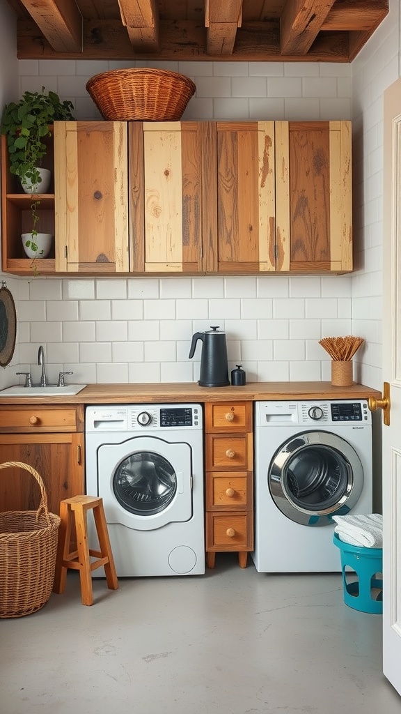 A cozy laundry room featuring upcycled wooden cabinets, modern appliances, and decorative elements.