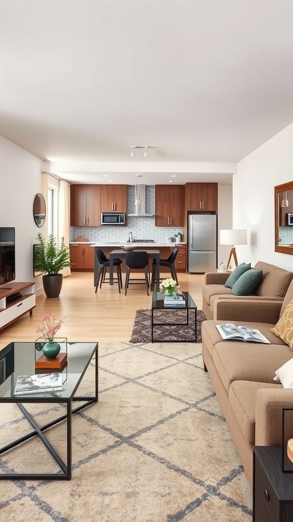 A stylish living room and kitchen area featuring modern decor and a round mirror on the wall.