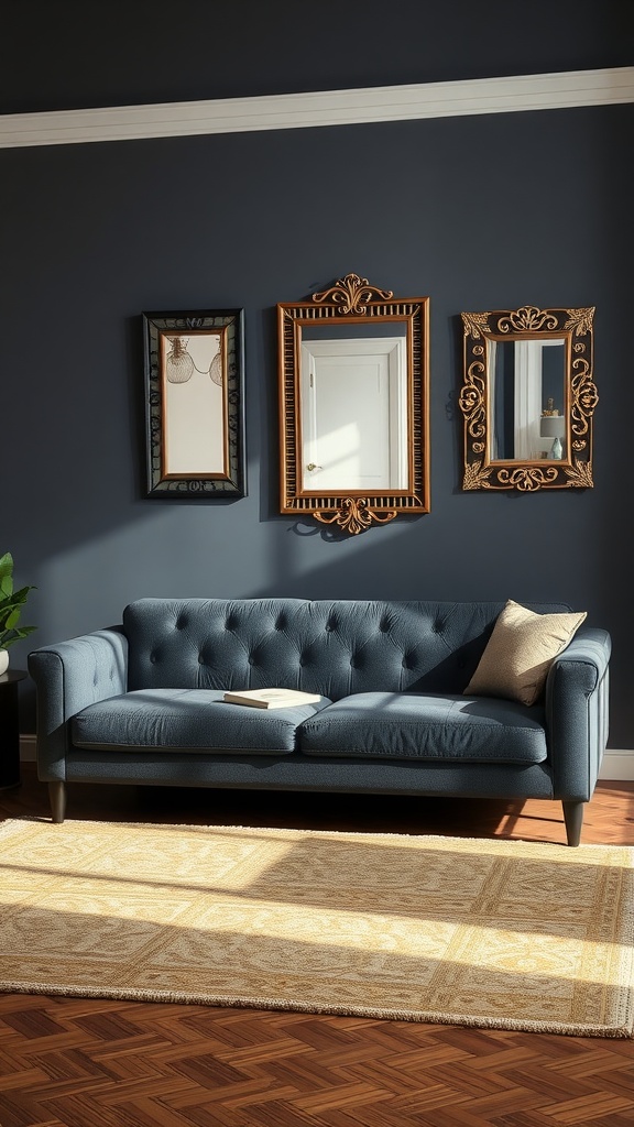 A stylish living room featuring a dark gray couch, three decorative mirrors on a blue wall, and a warm rug.