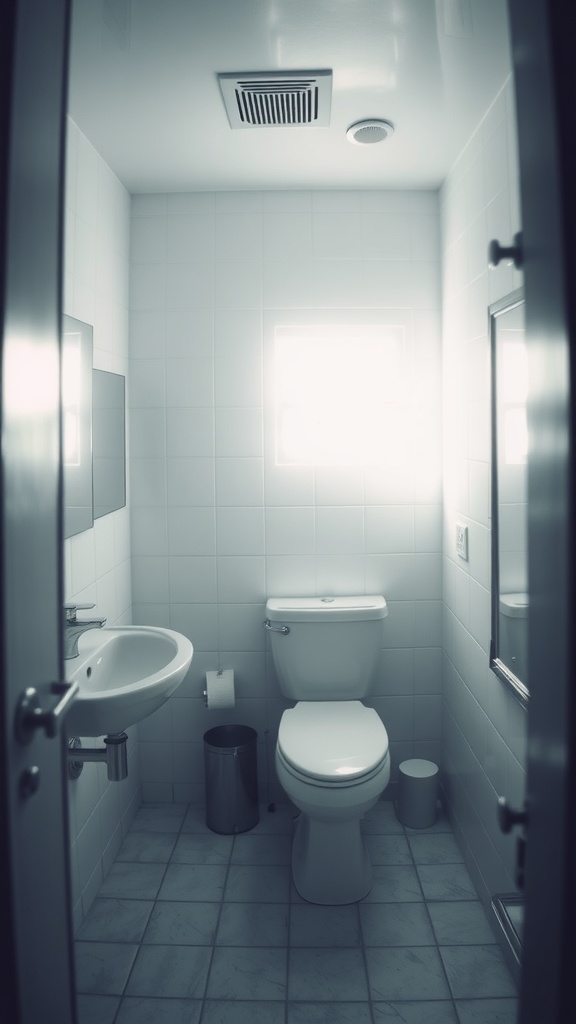 Small bathroom with a mirror above the sink, showcasing a bright and clean design.