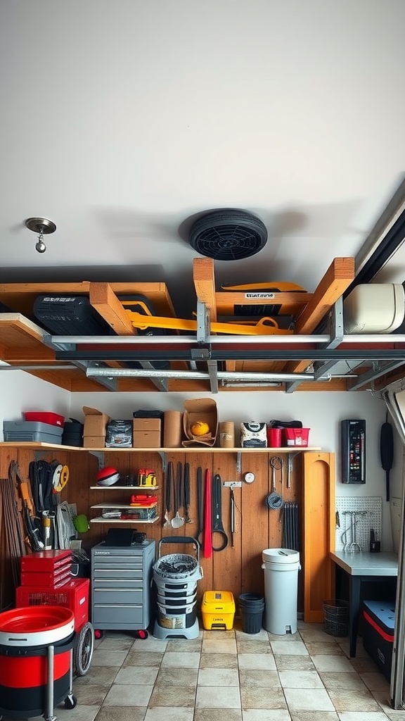 A garage workshop featuring overhead shelving with tools, organized wall storage, and a clean floor space.