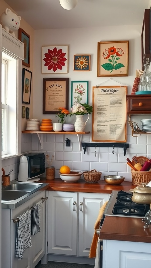 Cozy kitchen with colorful wall art and vibrant decor