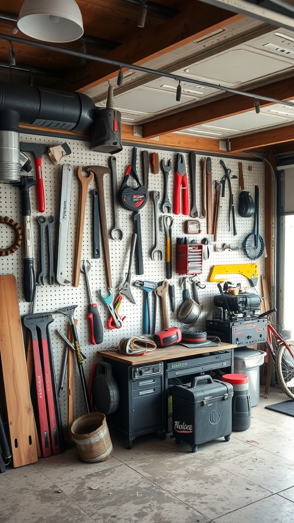 A garage workshop with tools organized on a pegboard wall, highlighting the potential for creative wall art from recycled materials.