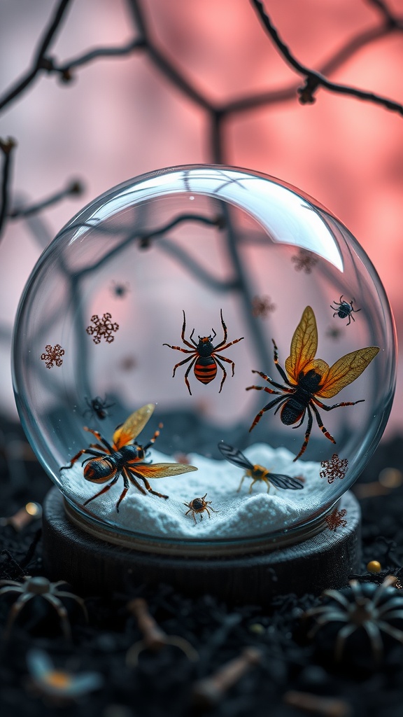 A snow globe featuring various insects like spiders and bees, set against a dark background with a hint of red light.