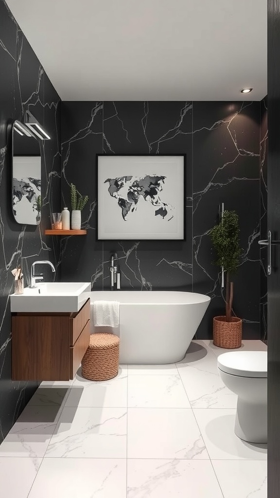 Modern bathroom with black marble walls, white fixtures, and wooden accents