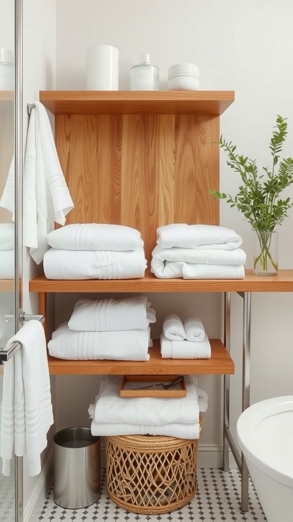 Neatly arranged white towels and minimalist decor in a modern farmhouse bathroom