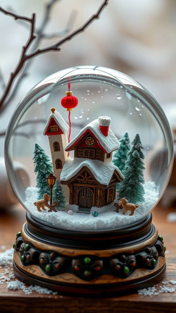 A snow globe featuring a cozy house, pine trees, and a red lantern, symbolizing cultural celebration.