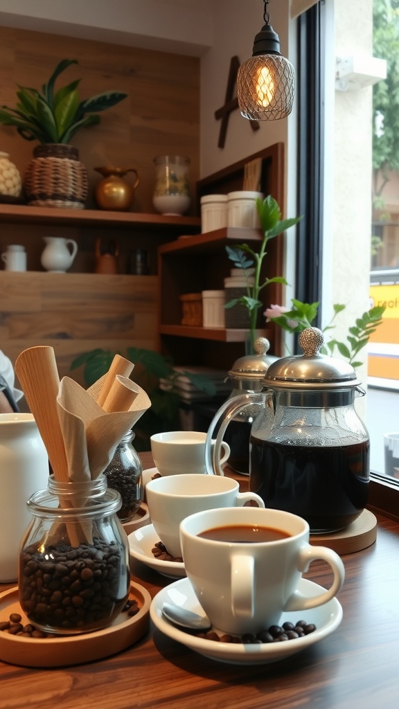 Cozy coffee corner with brewing tools and cups, surrounded by plants.