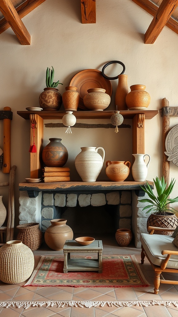 A cozy display of rustic Mexican pottery on wooden shelves and a stone fireplace.