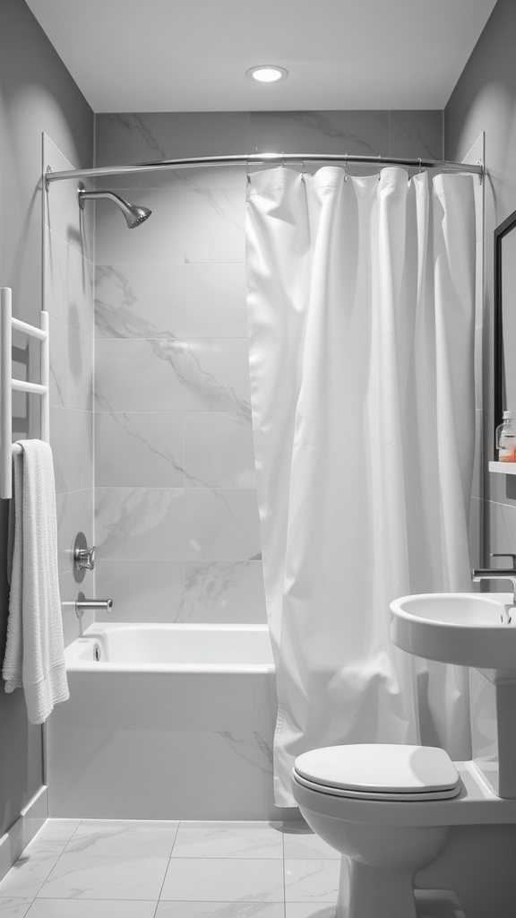 A modern bathroom featuring a curved shower curtain rod with a white curtain, grey walls, and minimalist design.