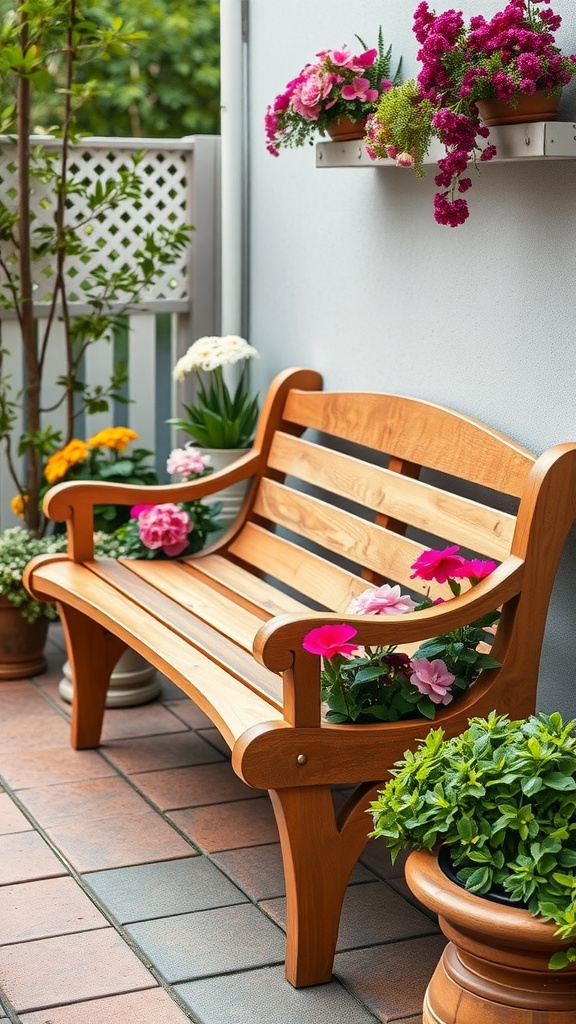 A wooden garden bench with colorful flowers in planters on either side, set in a cozy terrace garden.