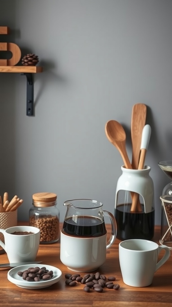 Customizable coffee setup with coffee maker, cups, and coffee beans on a wooden table