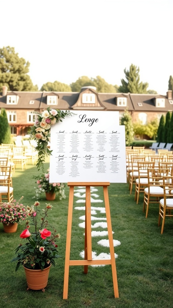 A garden wedding seating chart displayed on an easel with flowers and golden chairs.