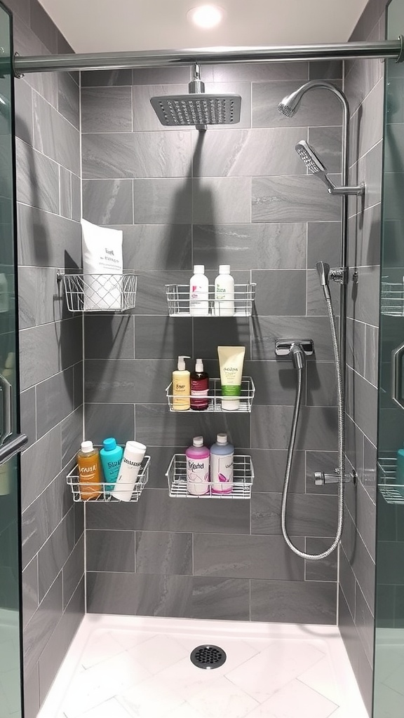 A modern shower with customized wire caddies holding various shampoos and body washes.