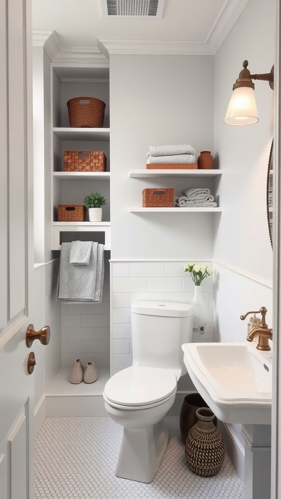 A luxury bathroom with customized storage solutions including shelves and baskets