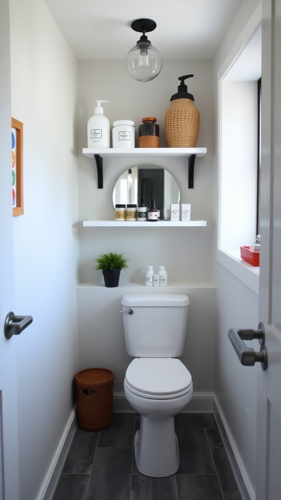 A well-organized small bathroom featuring shelves above the toilet, decorative containers, a round mirror, and a small plant.