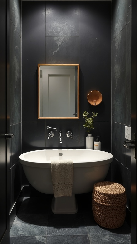 Modern bathroom with dark accent walls, a white bathtub, and warm decor elements.