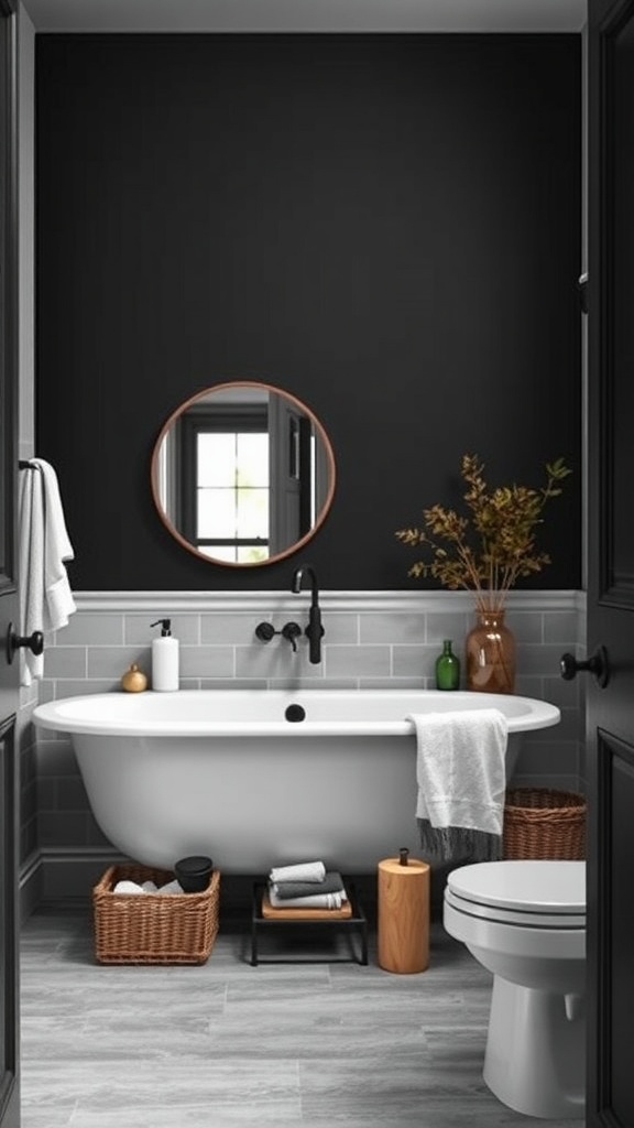 Modern farmhouse bathroom with dark accent wall, round mirror, and stylish accessories.