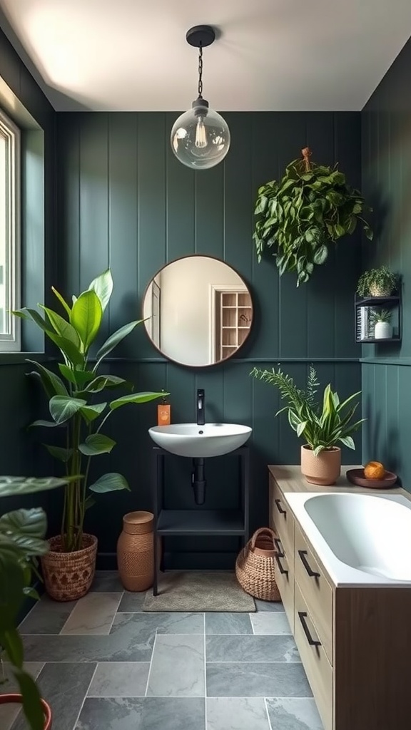 A modern dark green bathroom featuring plants, a round mirror, and stylish fixtures.