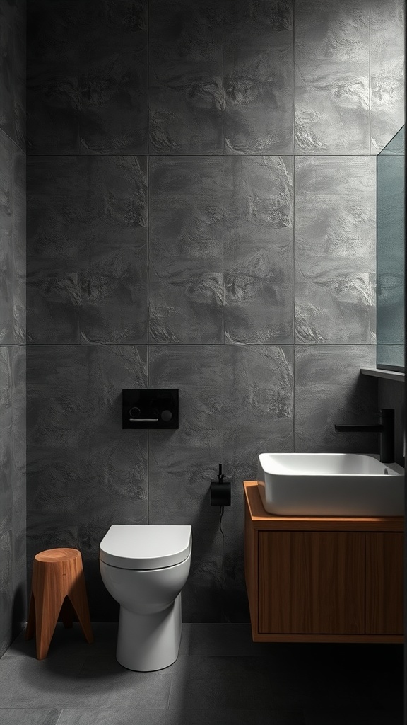 Modern bathroom featuring dark textured wall panels, a white toilet, and wooden accents.