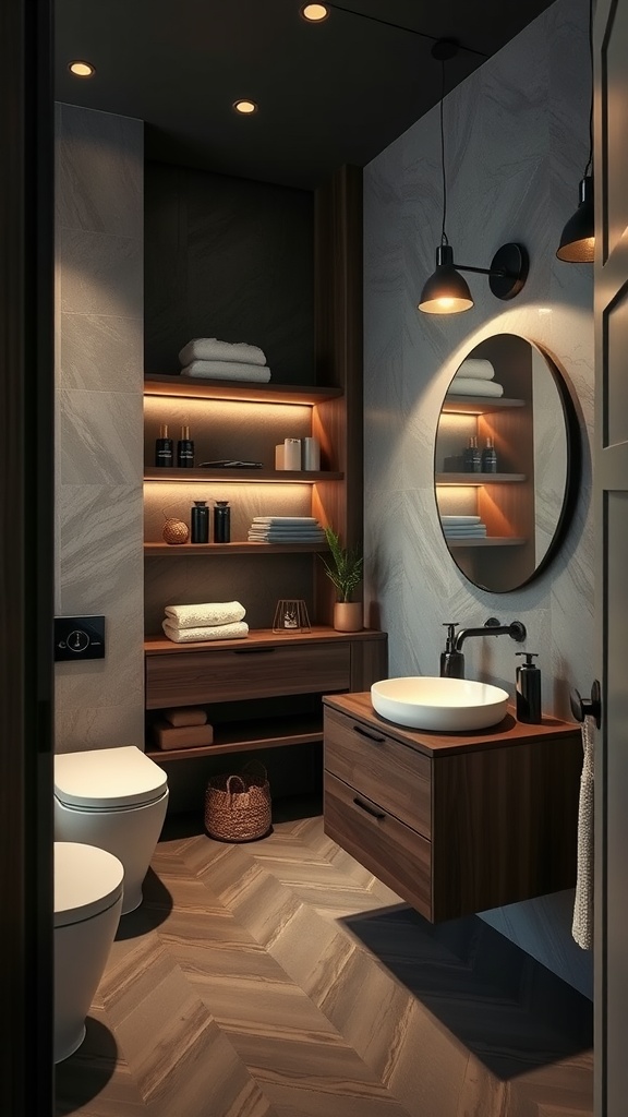 Modern bathroom with dark wood accents and warm lighting