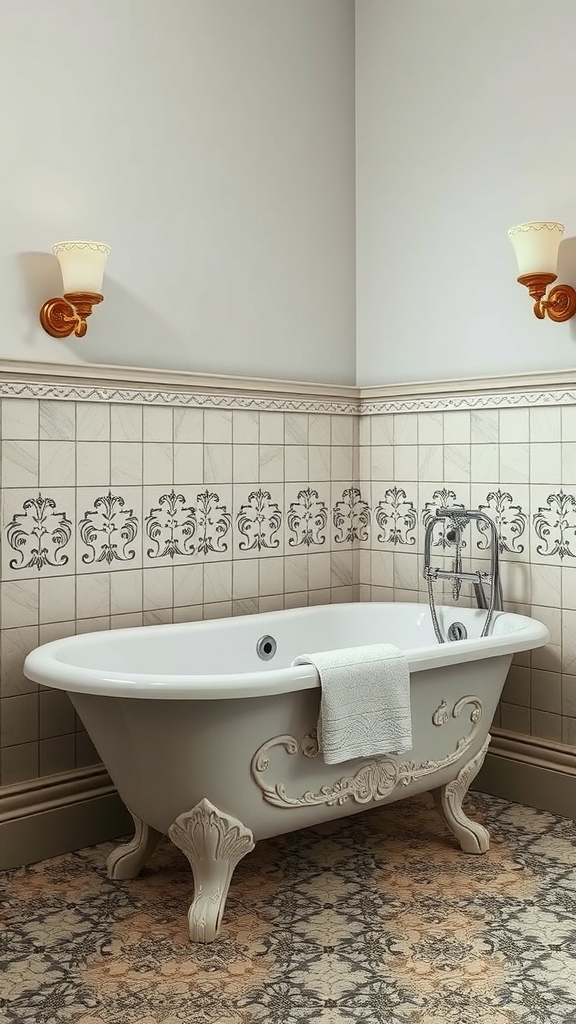 A Victorian-style bathroom featuring a decorative clawfoot bathtub with intricate designs, vintage tiles, and soft lighting.