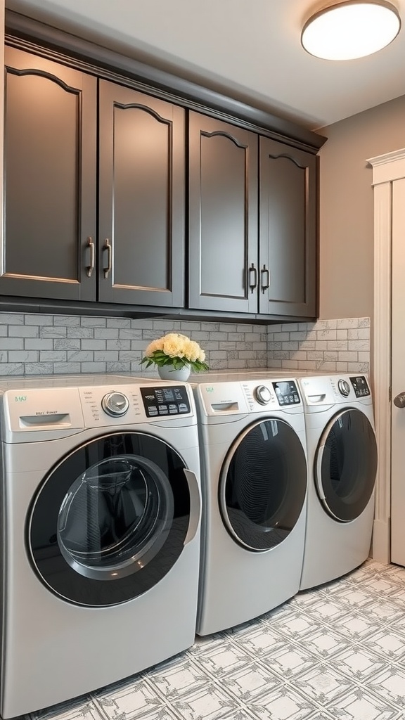 Stylish laundry room with dark cabinets and decorative hardware