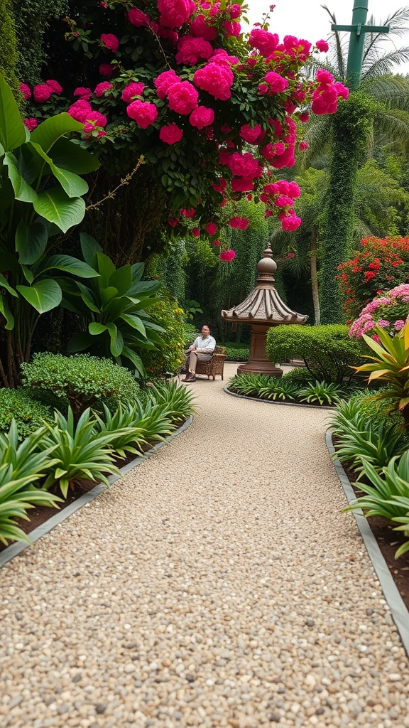 Decorative gravel pathway in a lush garden with colorful flowers and a seating area