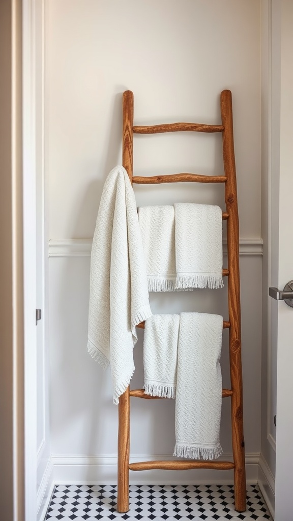 A wooden ladder leaning against a wall, displaying neatly folded white towels in a small bathroom.