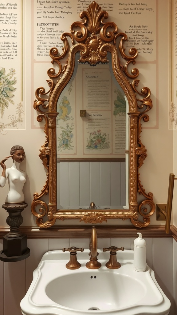 An ornate decorative mirror above a vintage sink in a Victorian-style bathroom.