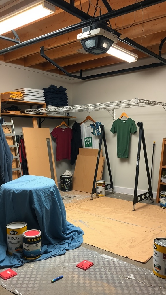 A garage workshop space dedicated to painting and finishing with supplies and organized shelving.