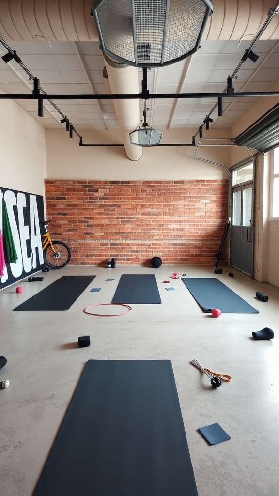 A clean garage gym with yoga mats, stretching props, and a brick wall, creating a dedicated stretching area.